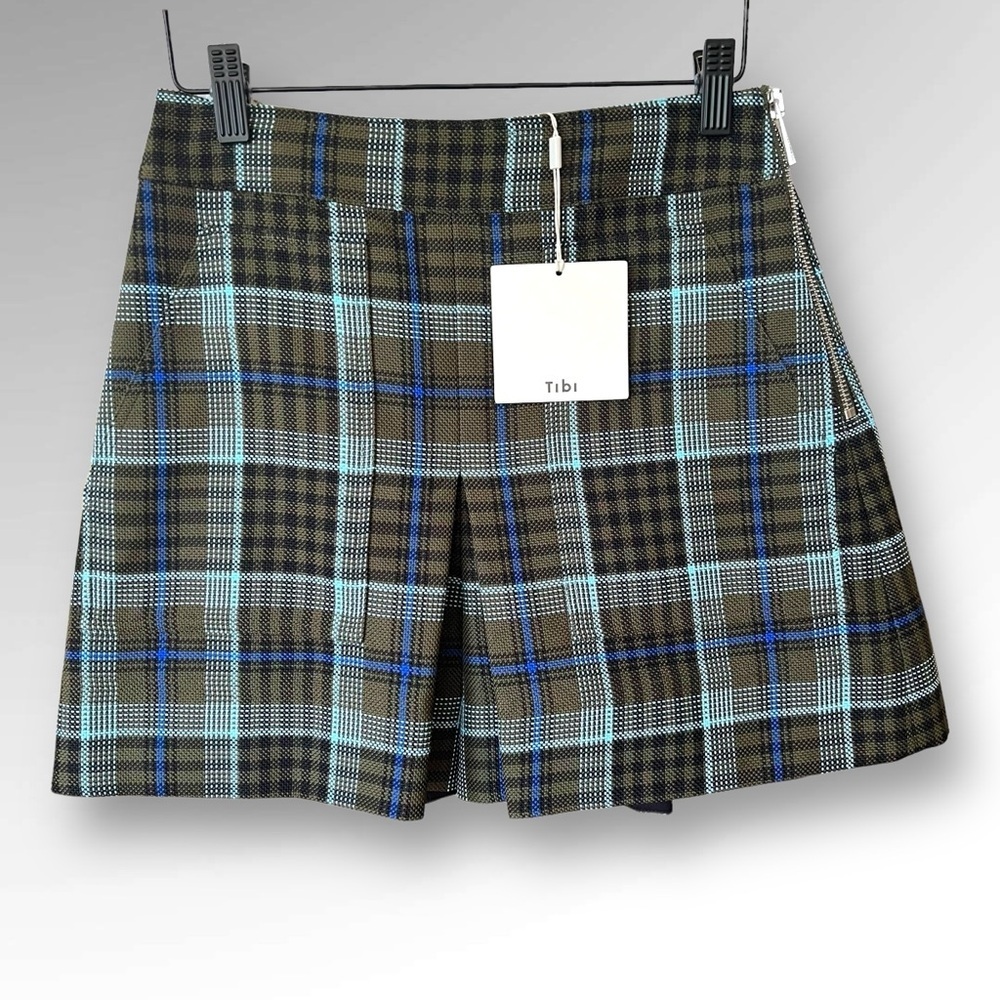 Tibi Plaid Pleated Shorts in Olive, Blue and Light Blue